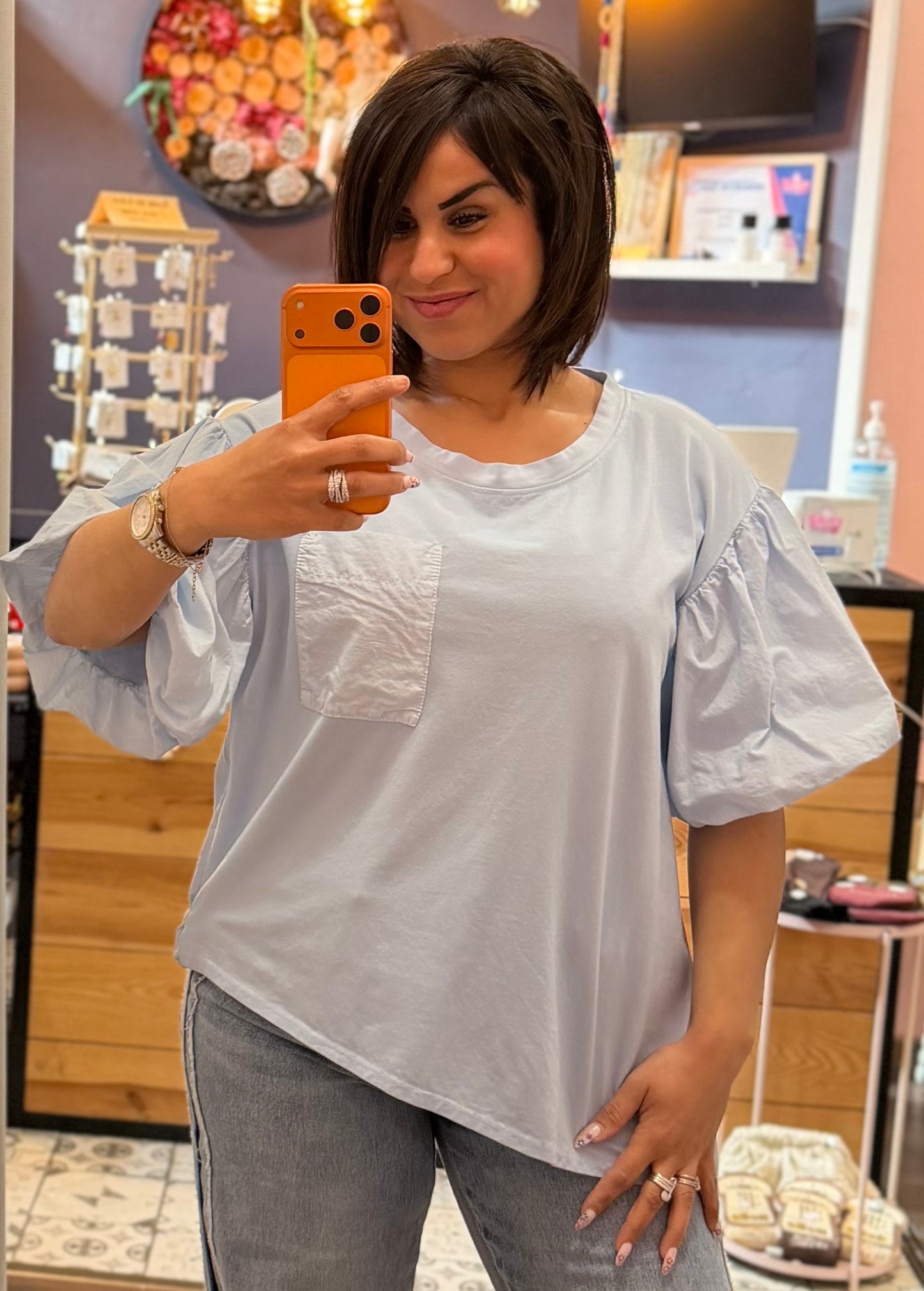 T-shirt manches ballon bleu